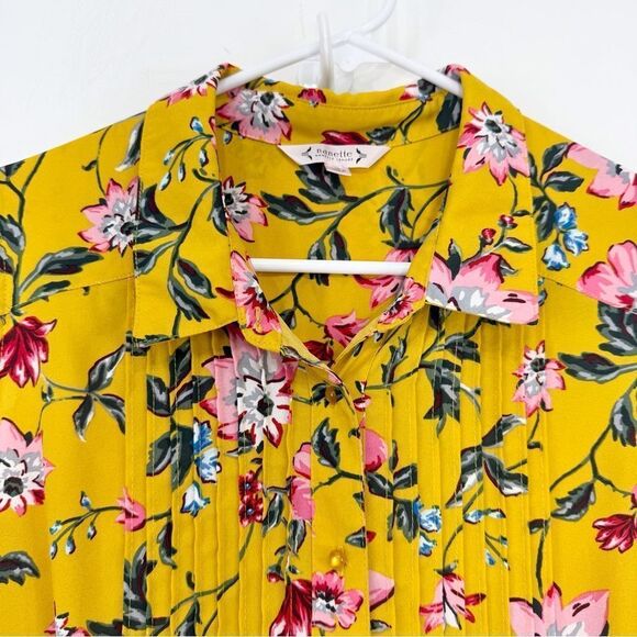 Nanette Lepore Yellow Pink Floral Pleat Chest A Line Sleeveless Shirt Dress - Picture 14 of 16